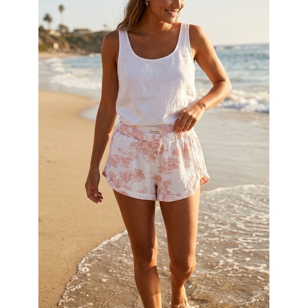 Ocean Drive Pink Tropical Palm Print Gauze Shorts Small Beach Summer Lounge S